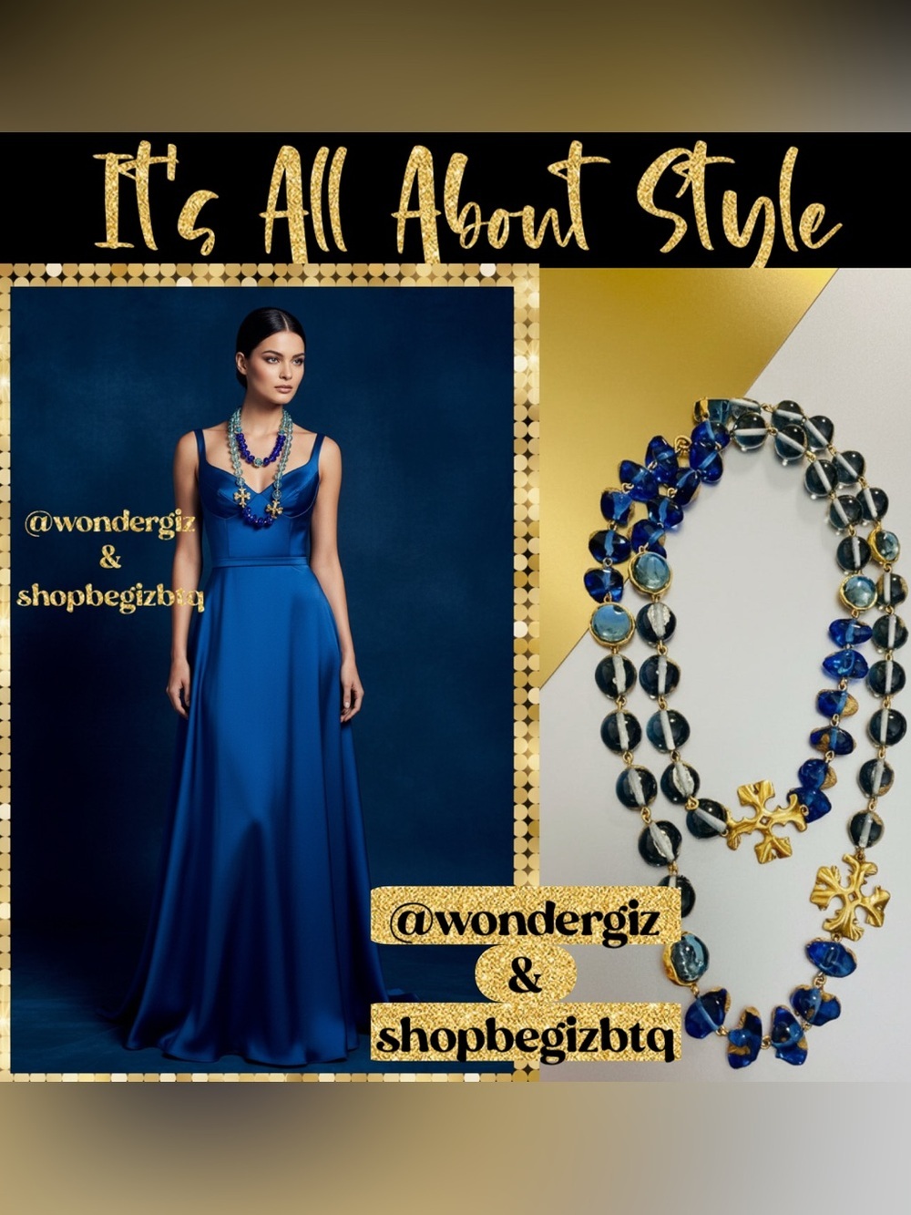 Tory Burch Authentic Roxanne Necklace Logo Long Semiprecious Stones Blue & Gold